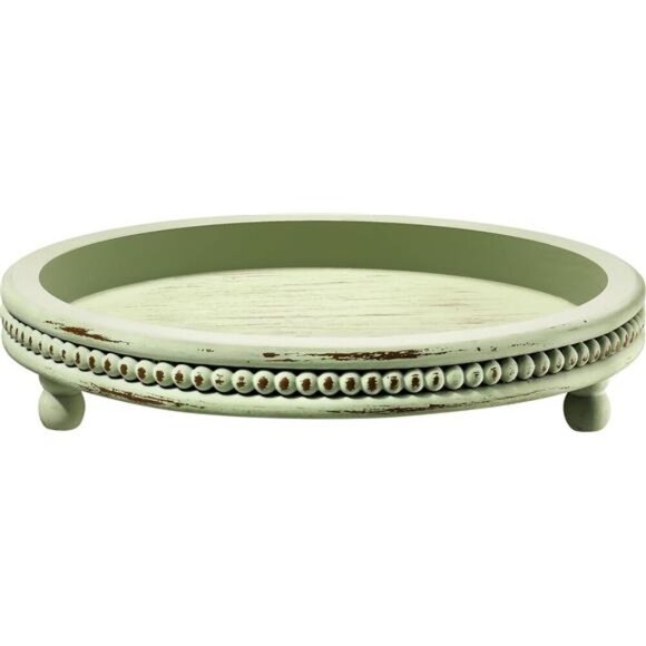 Wooden Beaded Round Tray Decorative Coffee Table Centerpiece Sage Farmhouse - Picture 3 of 6